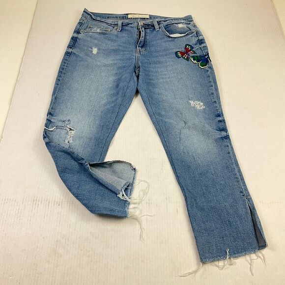 GAP Best Girlfriend Cropped Jeans Blue Embroidered Frayed Torn High Rise Size 28 - Picture 1 of 12